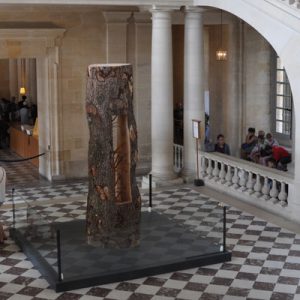 a section in the Versailles with an artifact on display in the middle; there are people beside it