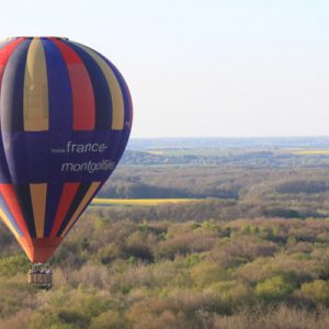 hot air balloon flying over forest