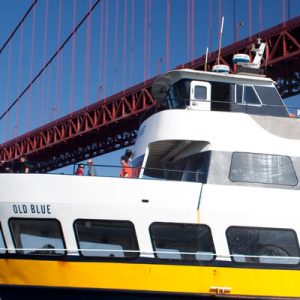 a cruise boat near the Golden Gate Bridge in San Francisco