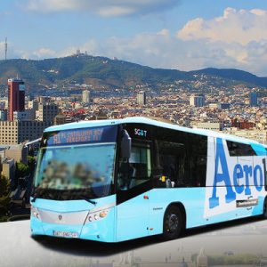 blue shuttle bus going around barcelona city