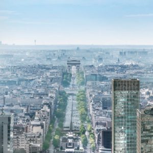 view from the Grande Arche de la Défense's rooftop; you can see the Arc de Triomphe in the distance