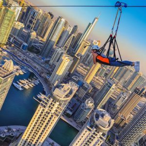 Zipline ride and skyline of Dubai