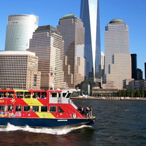 hop on hop off ferry cruising along hudson river in new york